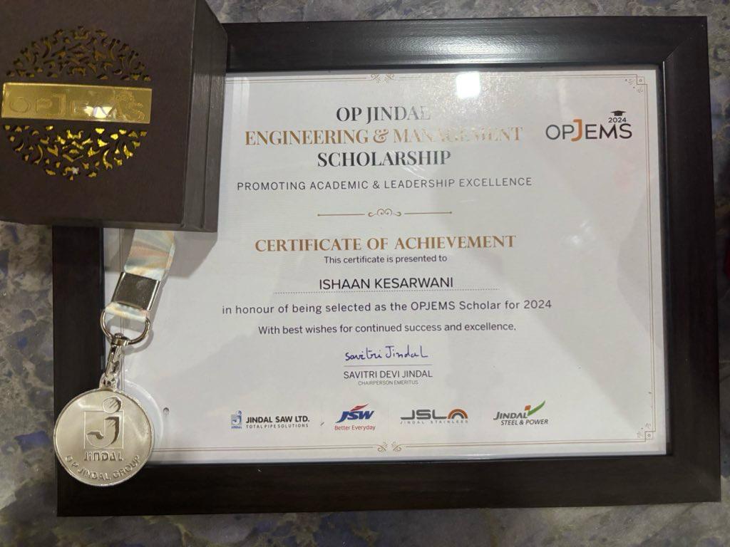 OPJEMS Scholarship certificate